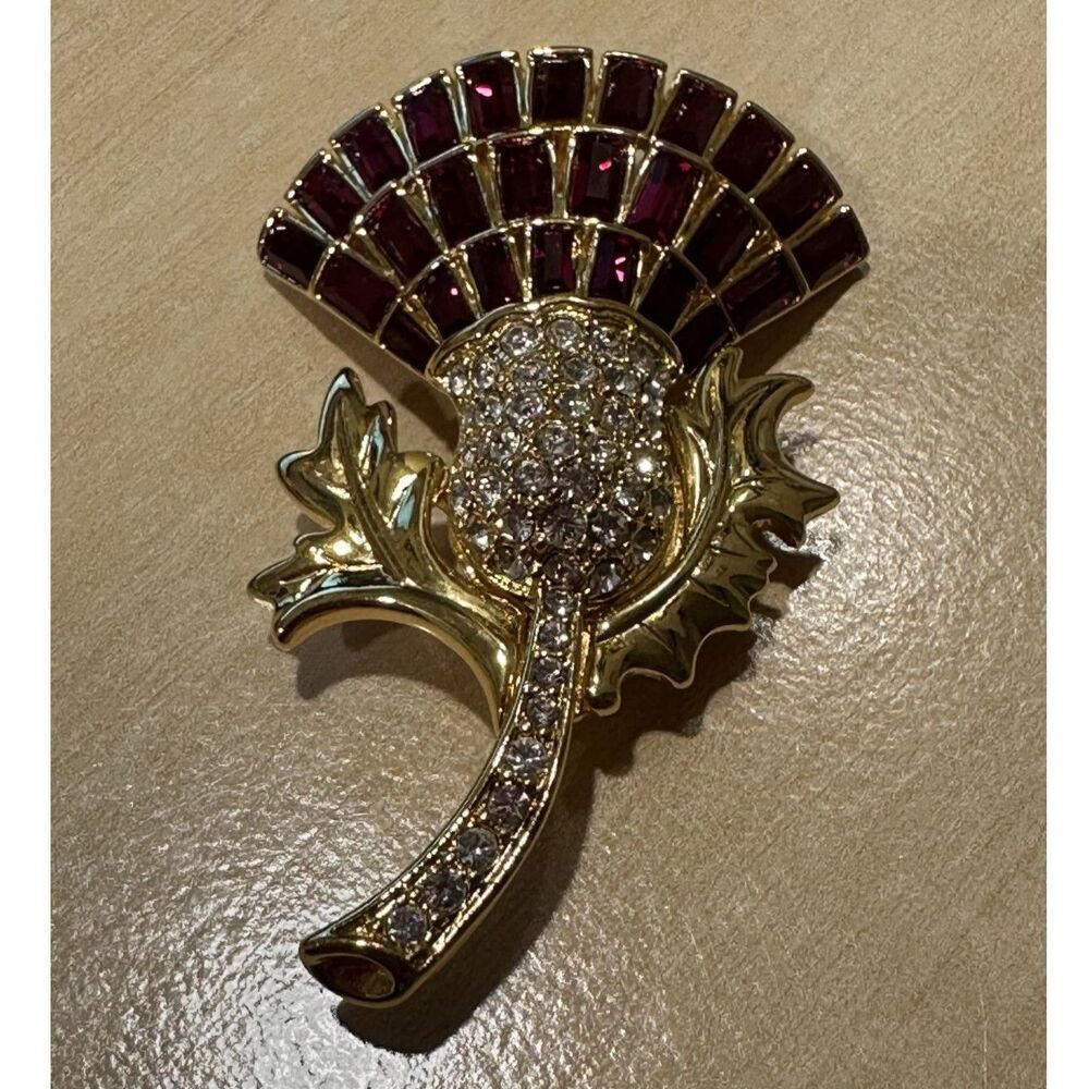 Vintage Nolan Miller Gold Tone Scottish Thistle Brooch Pin, Red & Crystal Stones